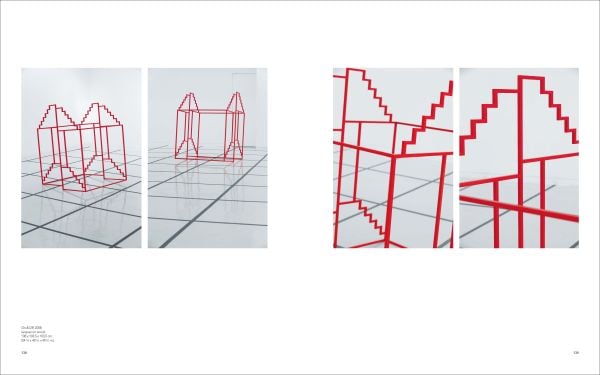 Geometric print of yellow flower shapes and blue lines joined to make squares, off white cover, HONG SEUNG-HYE ORGANIC GEOMETRY in blue font.