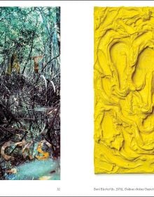 Framed image of Mickey Mouse leaning against white interior wall with mirror and chandelier above, The Julius Baer Art Collection in black font above.