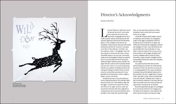 Book cover of Lesley Dill Wilderness; featuring and orange print block bearded figure with hair like flames. Published by Scheidegger & Spiess.