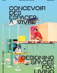 Book cover of Open House: Experience of Space, with a small house made of scaffolding, with man sitting on first floor reading book. Published by Scheidegger & Spiess.