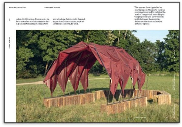 Book cover of Open House: Experience of Space, with a small house made of scaffolding, with man sitting on first floor reading book. Published by Scheidegger & Spiess.