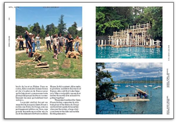 Book cover of Open House: Experience of Space, with a small house made of scaffolding, with man sitting on first floor reading book. Published by Scheidegger & Spiess.