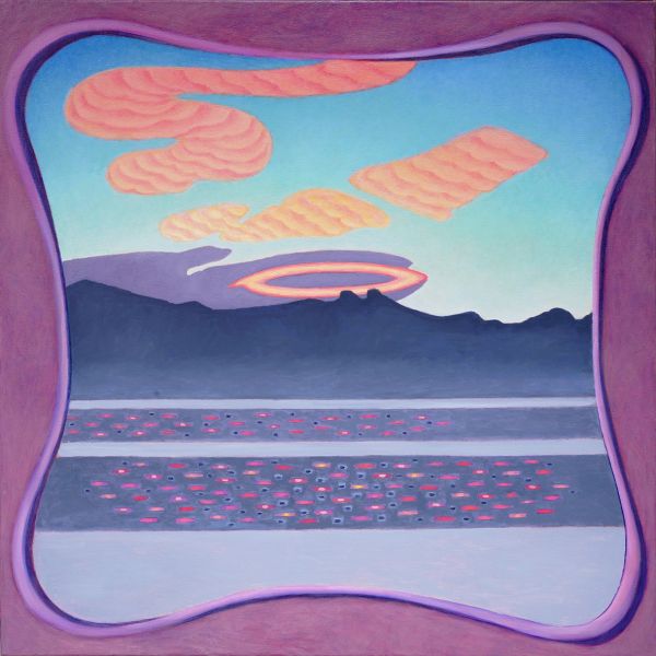 Book cover of Caroline Bachmann, with a conceptual painting of a dark sky with orange and blue eye. Published by Scheidegger & Spiess.