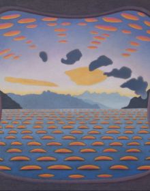 Book cover of Caroline Bachmann, with a conceptual painting of a dark sky with orange and blue eye. Published by Scheidegger & Spiess.