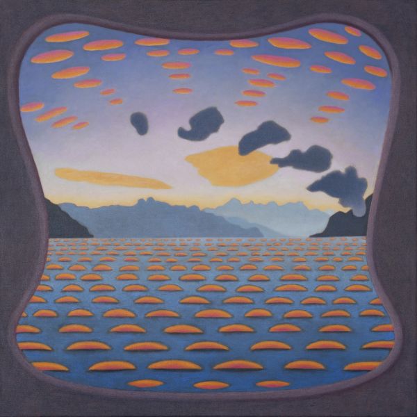 Book cover of Caroline Bachmann, with a conceptual painting of a dark sky with orange and blue eye. Published by Scheidegger & Spiess.