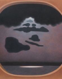 Book cover of Caroline Bachmann, with a conceptual painting of a dark sky with orange and blue eye. Published by Scheidegger & Spiess.