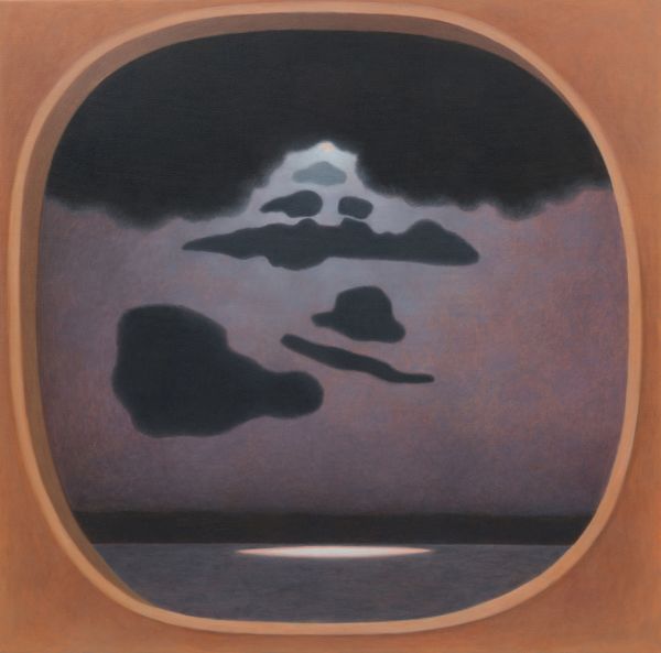 Book cover of Caroline Bachmann, with a conceptual painting of a dark sky with orange and blue eye. Published by Scheidegger & Spiess.