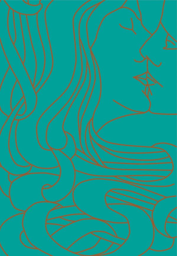 Turquoise book cover of Peter Behrens - 1868 / 2018, with a gold outline of couple kissing. Published by Verlag Kettler.