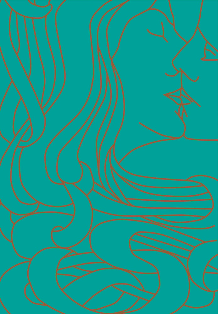 Gold outline of couple kissing, on turquoise cover