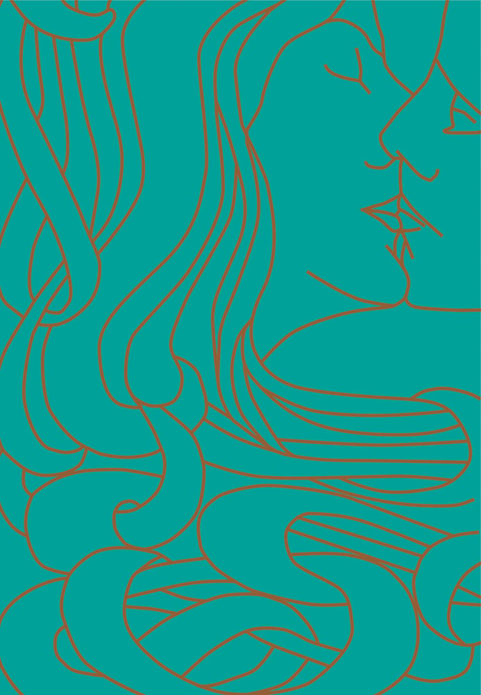 Turquoise book cover of Peter Behrens - 1868 / 2018, with a gold outline of couple kissing. Published by Verlag Kettler.