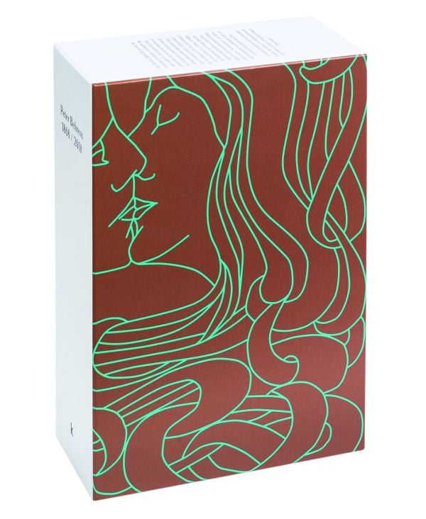 Turquoise book cover of Peter Behrens - 1868 / 2018, with a gold outline of couple kissing. Published by Verlag Kettler.