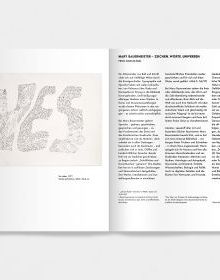 Book cover of Mary Bauermeister, Signs, Words, Universes, with convex glass with bubbles and notes in pen. Published by Verlag Kettler.