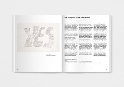 Book cover of Mary Bauermeister, Signs, Words, Universes, with convex glass with bubbles and notes in pen. Published by Verlag Kettler.