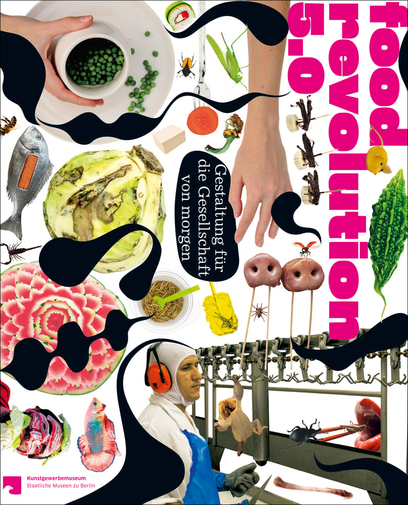 Collage of photos, dragon fruit, pot of peas, fish, pig snouts, sushi, on white cover, Food Revolution 5.0 in bright pink font to top right