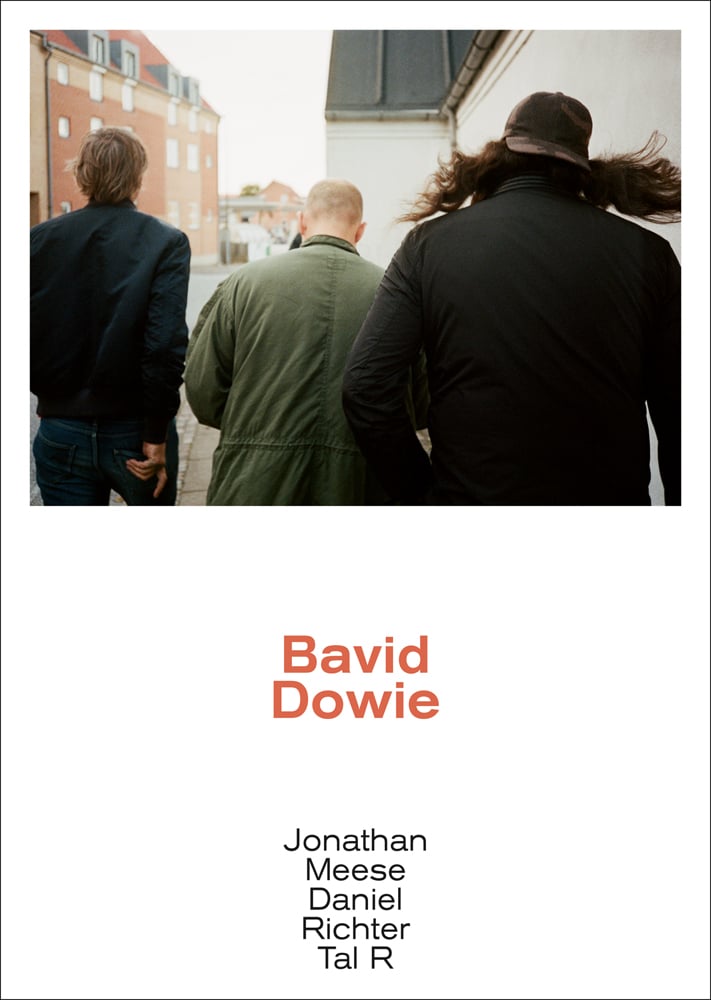 Rear view of 3 men walking away from camera, on white cover, Bavid Dowie in orange font below