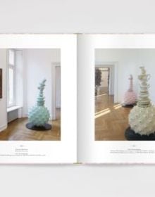 Pink book cover of Der Flexible Plan, Das Rokoko in der Gegenwartskunst, with a threaded orange drape to top. Published by Verlag Kettler.