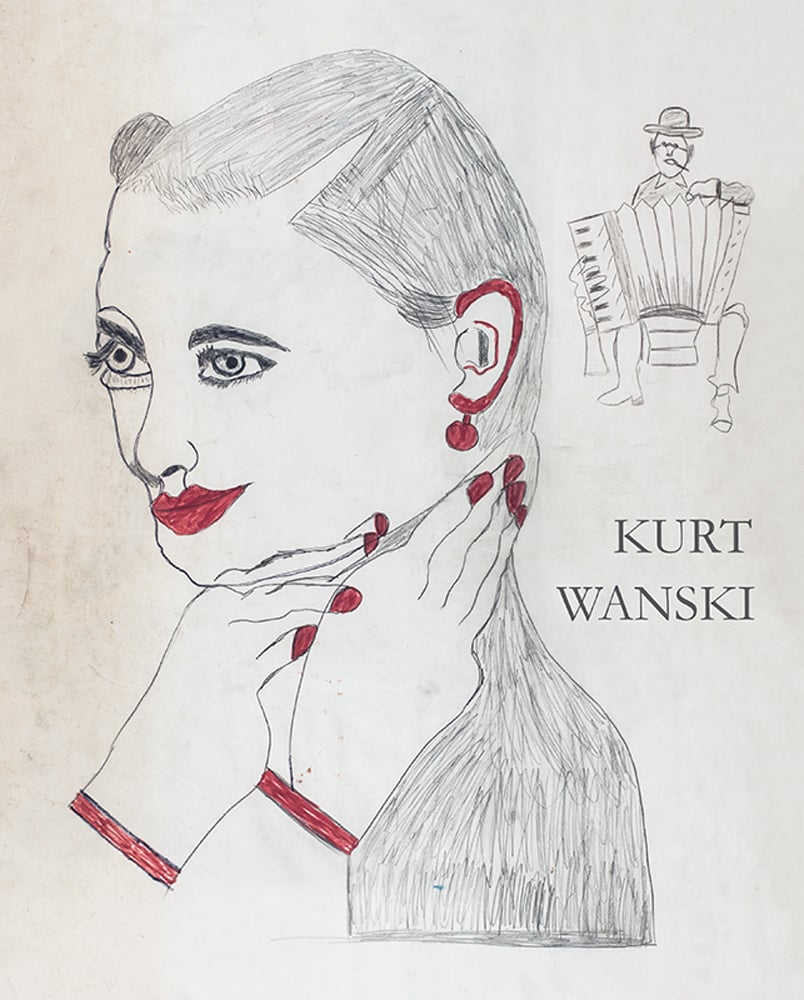 Book cover of Kurt Wanski, featuring an Art Brut style drawing of head and shoulders of female wearing red nail polish, with man playing accordion behind. Published by Verlag Kettler.