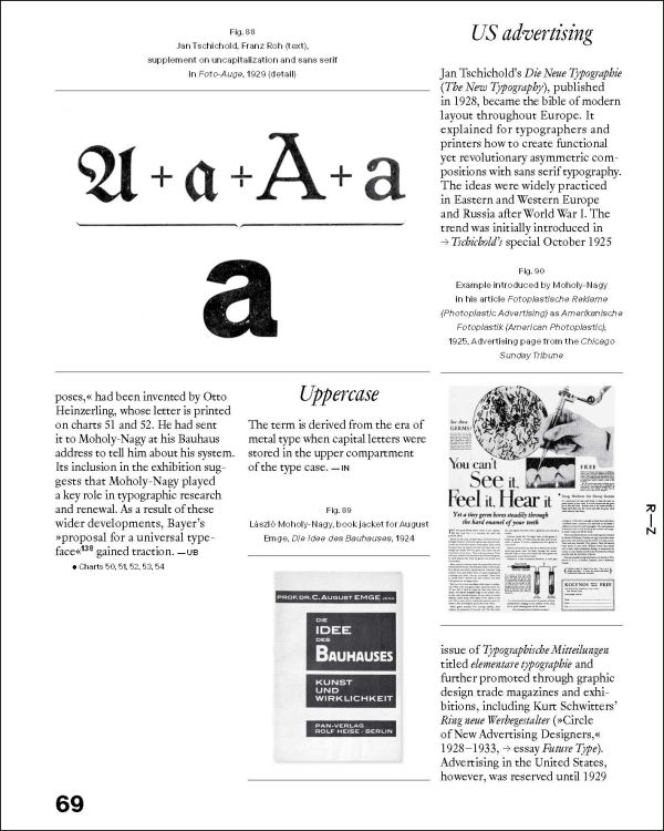 White book cover of Moholy-Nagy and the New Typography A-Z, with large capitalised black letter 'A' to front. Published by Verlag Kettler.