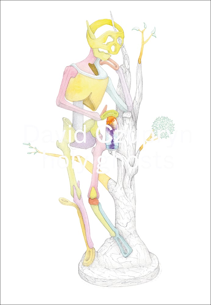 White book cover of David Czupryn, Holy Ghosts, with painting of skeletal figure made of colour shapes standing on tree sculpture. Published by Verlag Kettler.