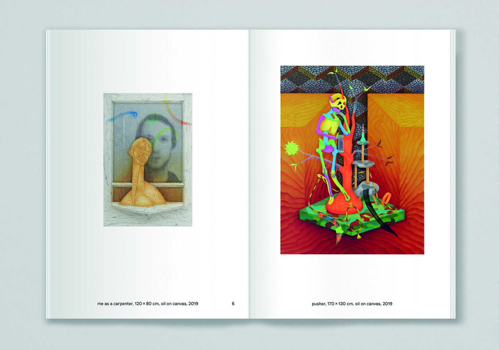 White book cover of David Czupryn, Holy Ghosts, with painting of skeletal figure made of colour shapes standing on tree sculpture. Published by Verlag Kettler.