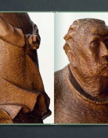 Book cover of Ernst Barlach Die Holzer, Woodwork, with elegant chestnut wood carving of face. Published by Verlag Kettler.