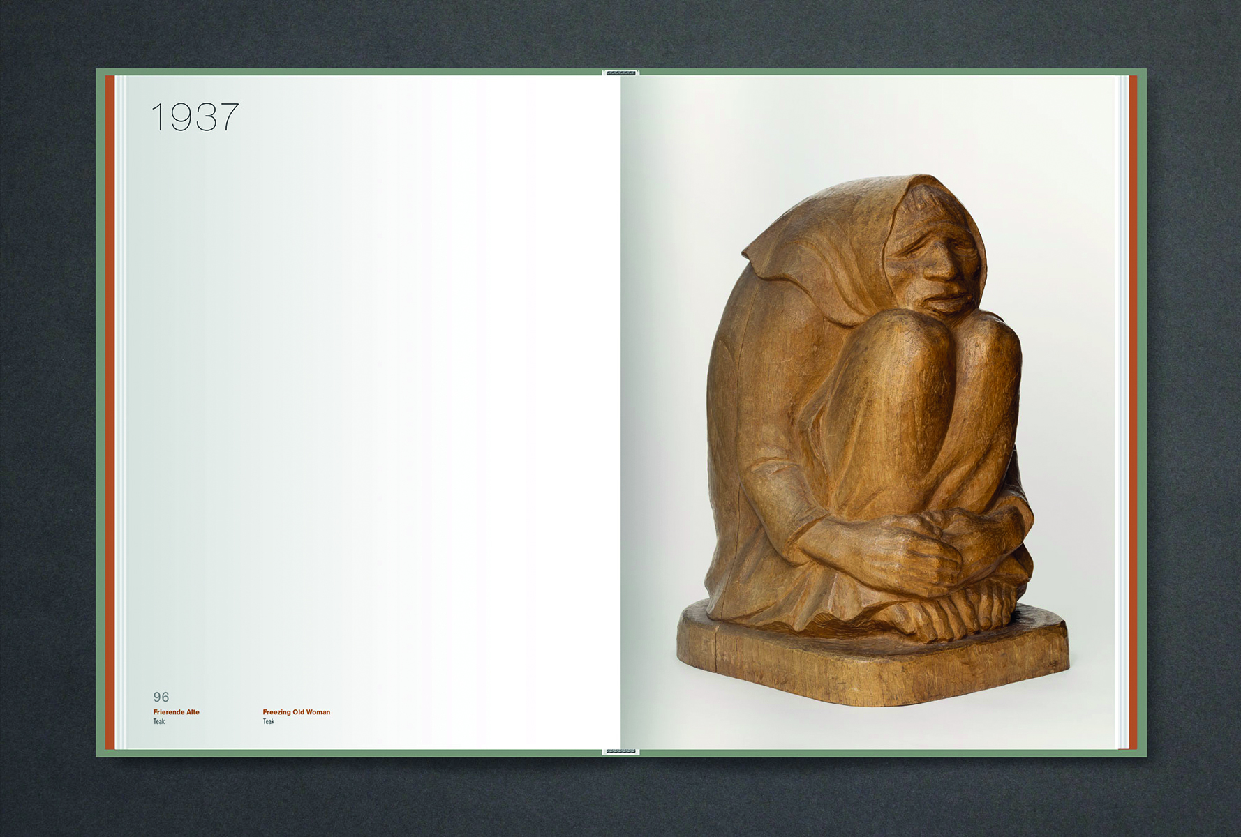 Book cover of Ernst Barlach Die Holzer, Woodwork, with elegant chestnut wood carving of face. Published by Verlag Kettler.