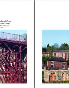 White book cover of Iron Bridge, England, Hefte zur Baukunst Volume 2, with cast iron arch bridge crossing over the River Severn in Shropshire. Published by Verlag Kettler.