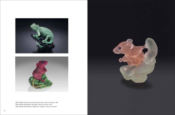 Book cover of Dreher Carvings: Gemstone Animals from Idar-Oberstein; with a colourful gemstone toad sculpture. Published by Arnoldsche Art Publishers.