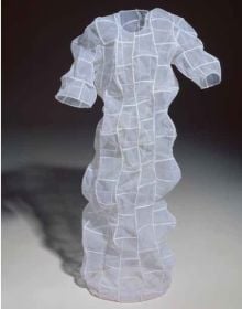 Panel of wood cubes threaded together, with tails of cubes attached, Caroline Broadhead in white font to top right