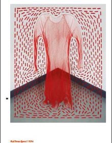 Panel of wood cubes threaded together, with tails of cubes attached, Caroline Broadhead in white font to top right