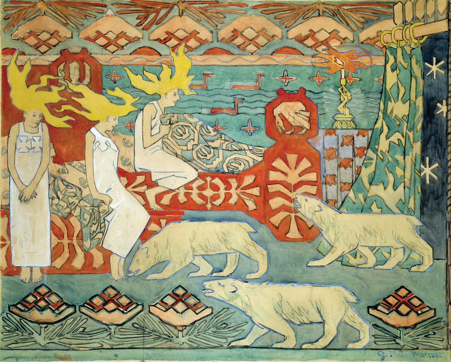 Bright tapestry, 2 blonde figures in white, 3 polar bears, Gerhard Munthe in cream font to upper right