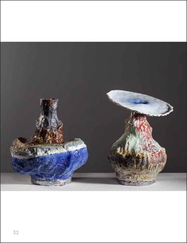 Rotated left image of glazed table sculpture, on grey cover, Johannes Nagel Trial and Error in white font above