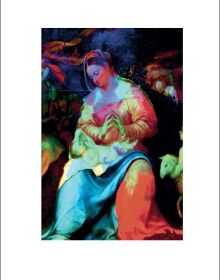 Mother Mary in crown and robe, holding child, in green, red and blue digital art, left red border