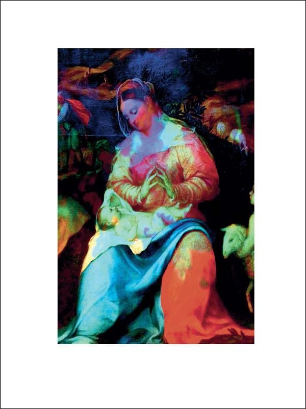 Mother Mary in crown and robe, holding child, in green, red and blue digital art, left red border