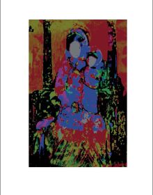 Mother Mary in crown and robe, holding child, in green, red and blue digital art, left red border
