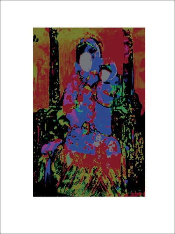 Mother Mary in crown and robe, holding child, in green, red and blue digital art, left red border