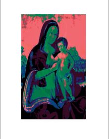 Mother Mary in crown and robe, holding child, in green, red and blue digital art, left red border