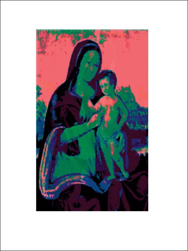 Mother Mary in crown and robe, holding child, in green, red and blue digital art, left red border
