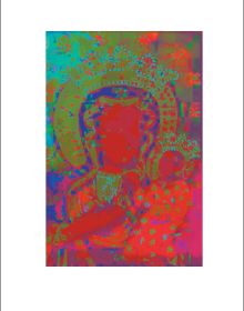 Mother Mary in crown and robe, holding child, in green, red and blue digital art, left red border