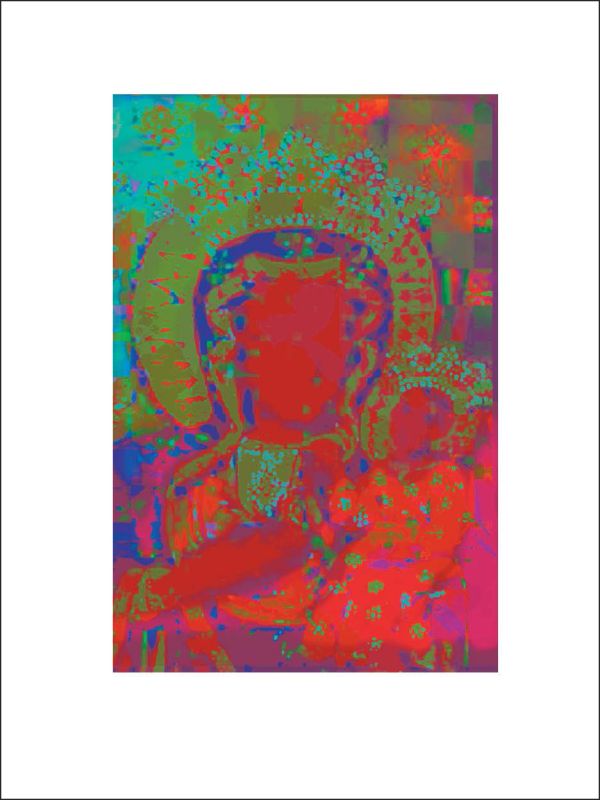 Mother Mary in crown and robe, holding child, in green, red and blue digital art, left red border