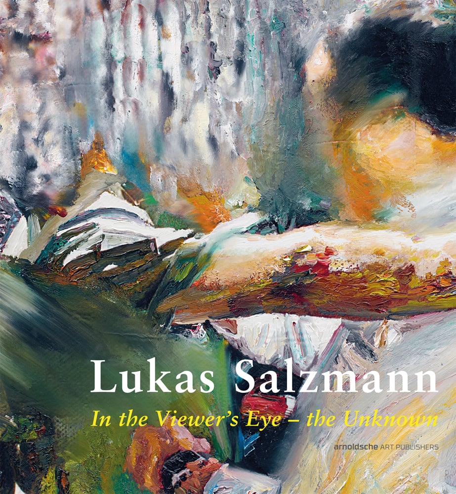 Painting of arm in short sleeve, blurred torso, blurred face opposite, Lukas Salzmann in white font below
