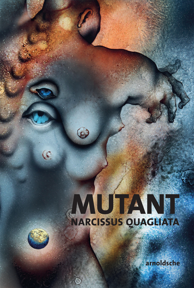 Male torso with breasts and eyes on back, MUTANT Narcissus Quagliata in black font to lower right