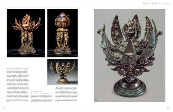 Book cover of Buddhist Ritual Art of Tibet: A Handbook on Ceremonial Objects and Ritual Furnishings in the Tibetan Temple; featuring a gold Tibetan Buddha statue inside lotus flower sculpture. Published by Arnoldsche Art Publishers.