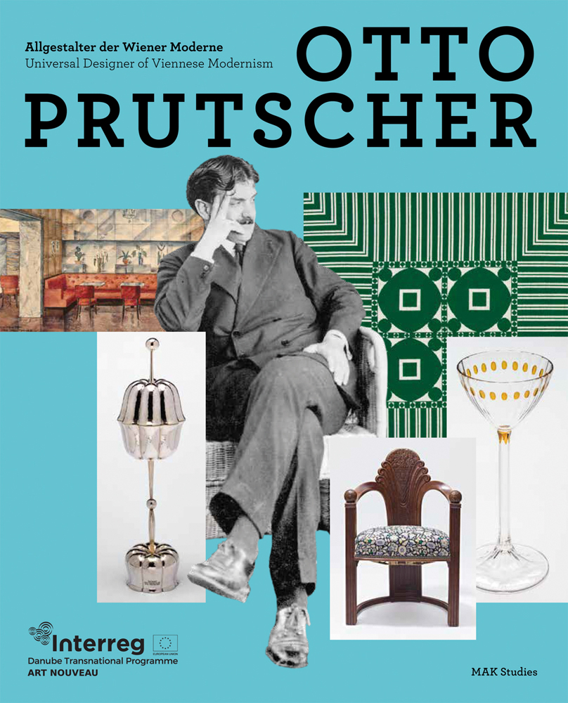 Otto Prutscher sitting in chair, superimposed on blue cover surrounded by product designs and patterns, OTTO PRUTSCHER in black font above.
