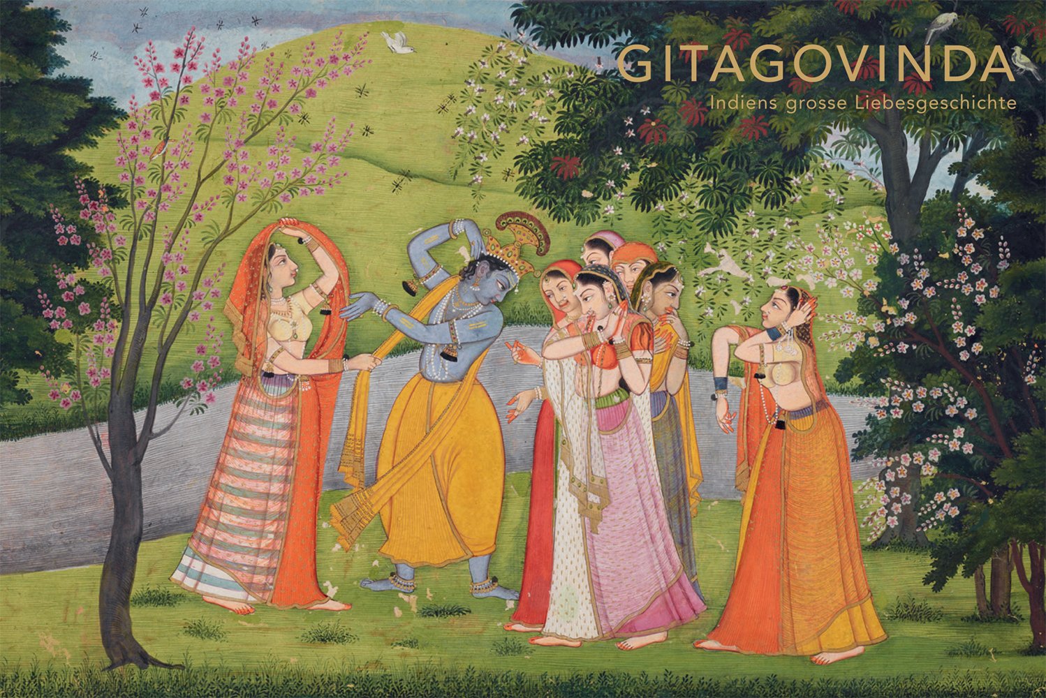 Illustration of Krishna Dancing with Gopis under pink blossom trees, GITAGOVINDA in gold font to top left.
