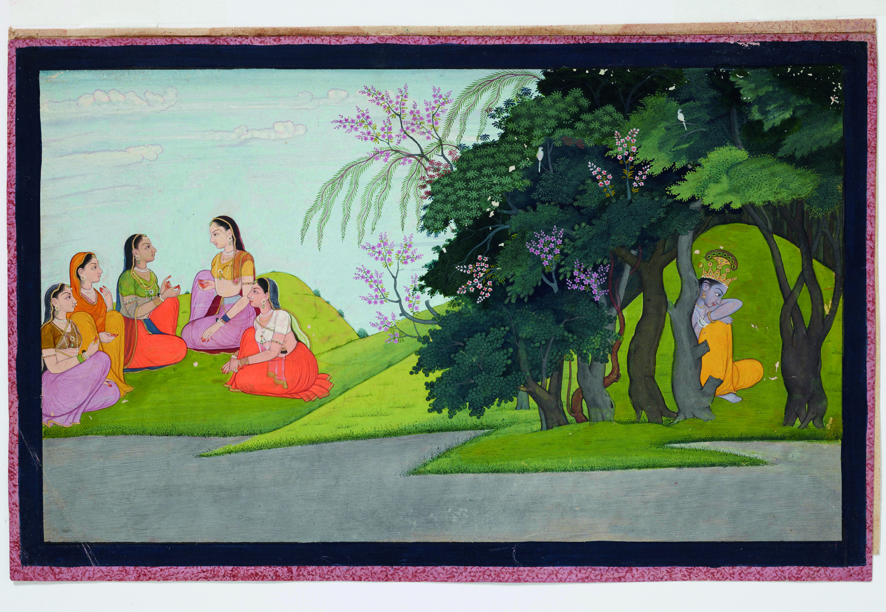 Illustration of Krishna Dancing with Gopis under pink blossom trees, GITAGOVINDA in gold font to top left.