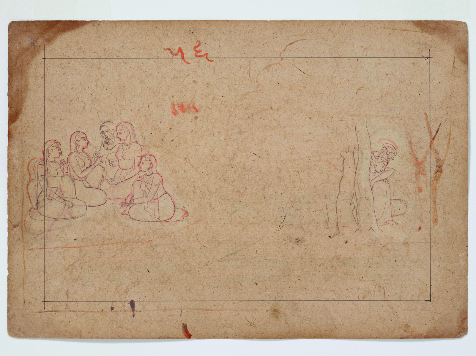 Illustration of Krishna Dancing with Gopis under pink blossom trees, GITAGOVINDA in gold font to top left.