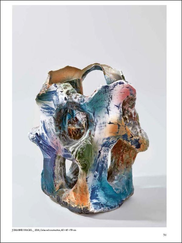 Book cover of 14th Westerwald Preis 2019 Kermik Europas Ceramics of Europe, with a close up of white textured ceramic surface. Published by Arnoldsche Art Publishers.