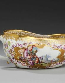 Book cover of Hidden Valuables: Early-Period Meissen Porcelains from Swiss Private Collections, featuring with two men in Chinese dress on top of gold ornate plinth with exotic trees and flowers. Published by Arnoldsche Art Publishers.