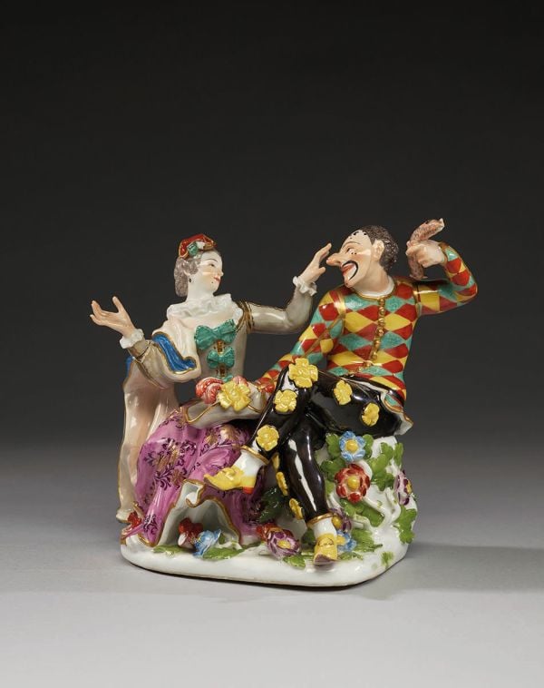 Book cover of Hidden Valuables: Early-Period Meissen Porcelains from Swiss Private Collections, featuring with two men in Chinese dress on top of gold ornate plinth with exotic trees and flowers. Published by Arnoldsche Art Publishers.